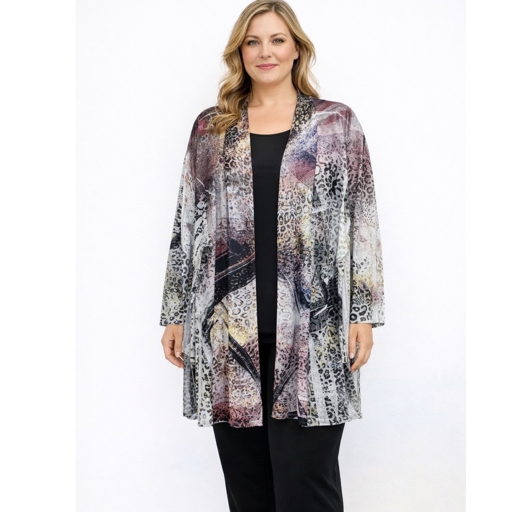 Jess & Jane‎ Open Cardigan Women 2X Multi-Color Abstract Animal Print Kimono USA